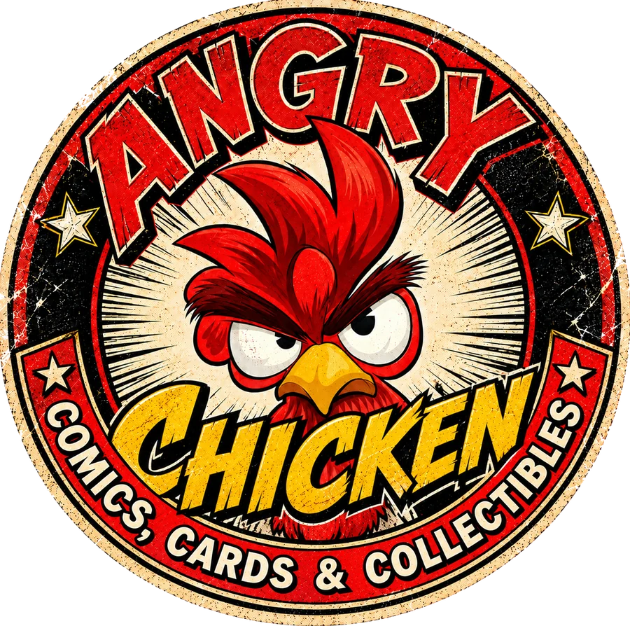 Angry Chicken Comics, Cards & Collectibles logo — a scowling red rooster